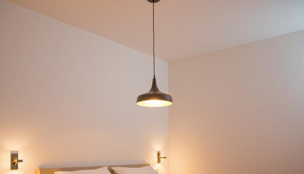 A minimalist bedroom with clean lines and a serene atmosphere. The focal point is a strategic lighting design, featuring a sleek pendant lamp suspended from the ceiling, casting a warm, ambient glow. The light is complemented by discreet wall sconces, illuminating the space with a soft, diffused light. The room is bathed in neutral tones, with a textured wall creating depth and visual interest. The overall effect is one of tranquility and understated elegance, perfect for a restful, restorative space.
