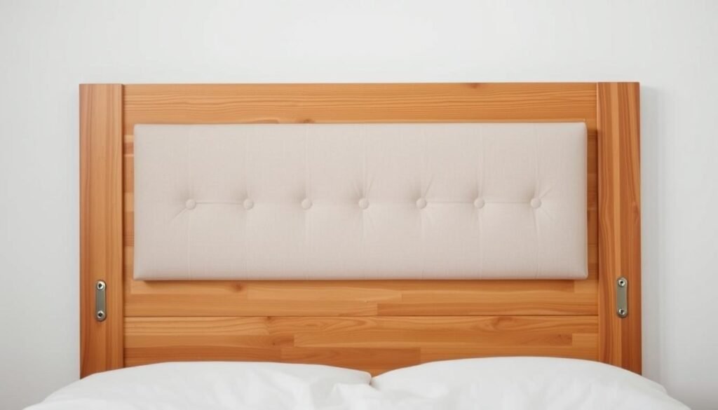 A minimalist, well-lit close-up of a sturdy, wooden headboard mounted securely to a white wall. The headboard features a clean, modern design with a tufted upholstered panel in a neutral color. The wall-mounting hardware, including sturdy brackets and screws, is visible, showcasing the thoughtful, professional installation. The lighting is soft and even, accentuating the textures and highlighting the careful craftsmanship. The composition emphasizes the strength and stability of the headboard's attachment, conveying a sense of solidity and security.
