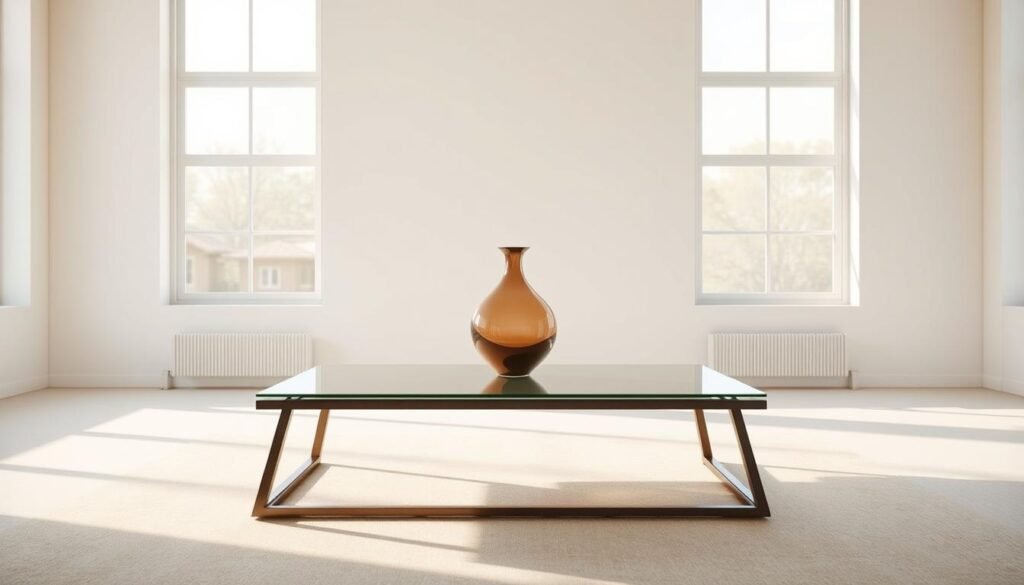A minimalist, well-lit coffee table showcasing a single, elegant statement piece. The table stands in a bright, airy room with warm, natural lighting filtering through large windows. The decor is sparse, allowing the central item - perhaps a unique vase, a sculptural candle holder, or a modern art object - to take center stage. The table's surface is clear, uncluttered, its clean lines and simple materials complementing the focal point. The overall atmosphere is one of calm, sophistication, and an intentional, decluttered aesthetic.