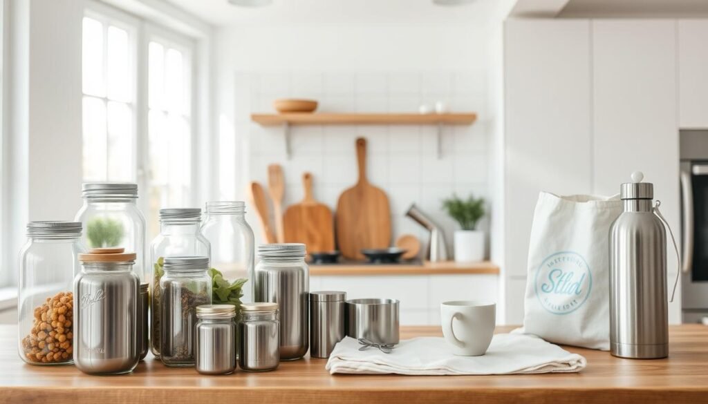 A minimalist, well-lit kitchen interior with natural light streaming in through large windows. In the foreground, an assortment of reusable glass jars, stainless steel containers, and cloth bags neatly arranged on a wooden countertop. The middle ground features various kitchen tools and appliances, including a bamboo cutting board, a ceramic mug, and a sleek metal water bottle. In the background, a simple, white-tiled backsplash and neutral-toned cabinets create a clean, uncluttered aesthetic. The overall scene conveys a sense of organization, sustainability, and a commitment to a zero-waste lifestyle. A minimalist, well-lit kitchen interior with natural light streaming in through large windows. In the foreground, an assortment of reusable glass jars, stainless steel containers, and cloth bags neatly arranged on a wooden countertop. The middle ground features various kitchen tools and appliances, including a bamboo cutting board, a ceramic mug, and a sleek metal water bottle. In the background, a simple, white-tiled backsplash and neutral-toned cabinets create a clean, uncluttered aesthetic. The overall scene conveys a sense of organization, sustainability, and a commitment to a zero-waste lifestyle.