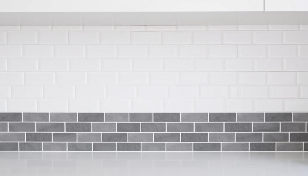 A modern kitchen backsplash featuring contrasting subway tile designs. In the foreground, crisp white square tiles laid in a staggered pattern, creating a clean, minimalist aesthetic. In the middle ground, an array of charcoal gray rectangular tiles arranged in a herringbone layout, adding depth and visual interest. The background subtly transitions to a soft, neutral-toned brick wall, providing a warm, rustic backdrop that complements the sleek tile designs. Bright, even lighting illuminates the scene, highlighting the texture and depth of the tile surfaces. The overall composition conveys a harmonious balance of contemporary and traditional elements, perfect for a kitchen space that aims to captivate and inspire. A modern kitchen backsplash featuring contrasting subway tile designs. In the foreground, crisp white square tiles laid in a staggered pattern, creating a clean, minimalist aesthetic. In the middle ground, an array of charcoal gray rectangular tiles arranged in a herringbone layout, adding depth and visual interest. The background subtly transitions to a soft, neutral-toned brick wall, providing a warm, rustic backdrop that complements the sleek tile designs. Bright, even lighting illuminates the scene, highlighting the texture and depth of the tile surfaces. The overall composition conveys a harmonious balance of contemporary and traditional elements, perfect for a kitchen space that aims to captivate and inspire.