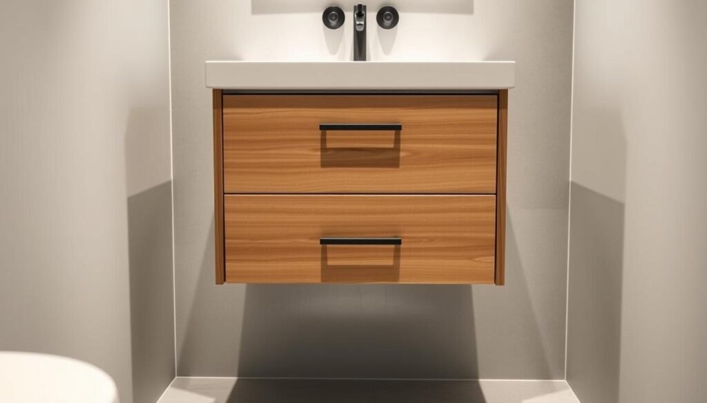 A modern, minimalist bathroom vanity with a sleek, narrow design, floating above the floor to save space. The vanity features a clean-lined white countertop and a pair of drawers in a warm wood finish, complemented by matte black hardware. Indirect LED lighting softly illuminates the vanity from above, creating a cozy, spa-like ambiance. The scene is captured from a low angle, emphasizing the vanity's compact yet elegant silhouette against a backdrop of pale gray tiles and a simple, uncluttered bathroom interior. A modern, minimalist bathroom vanity with a sleek, narrow design, floating above the floor to save space. The vanity features a clean-lined white countertop and a pair of drawers in a warm wood finish, complemented by matte black hardware. Indirect LED lighting softly illuminates the vanity from above, creating a cozy, spa-like ambiance. The scene is captured from a low angle, emphasizing the vanity's compact yet elegant silhouette against a backdrop of pale gray tiles and a simple, uncluttered bathroom interior.