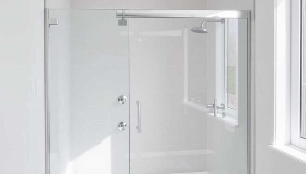 A modern, minimalist walk-in shower with a sleek, frameless glass door. The shower enclosure is set against a light-colored tiled wall, creating a clean, high-end aesthetic. Bright, natural lighting floods the space, accentuating the glass and tile surfaces. The shower head is a modern, rainfall-style design, and the floor is finished with a non-slip surface. The overall atmosphere conveys a sense of spaciousness, relaxation, and luxury, making it an ideal feature for a bathroom remodel.