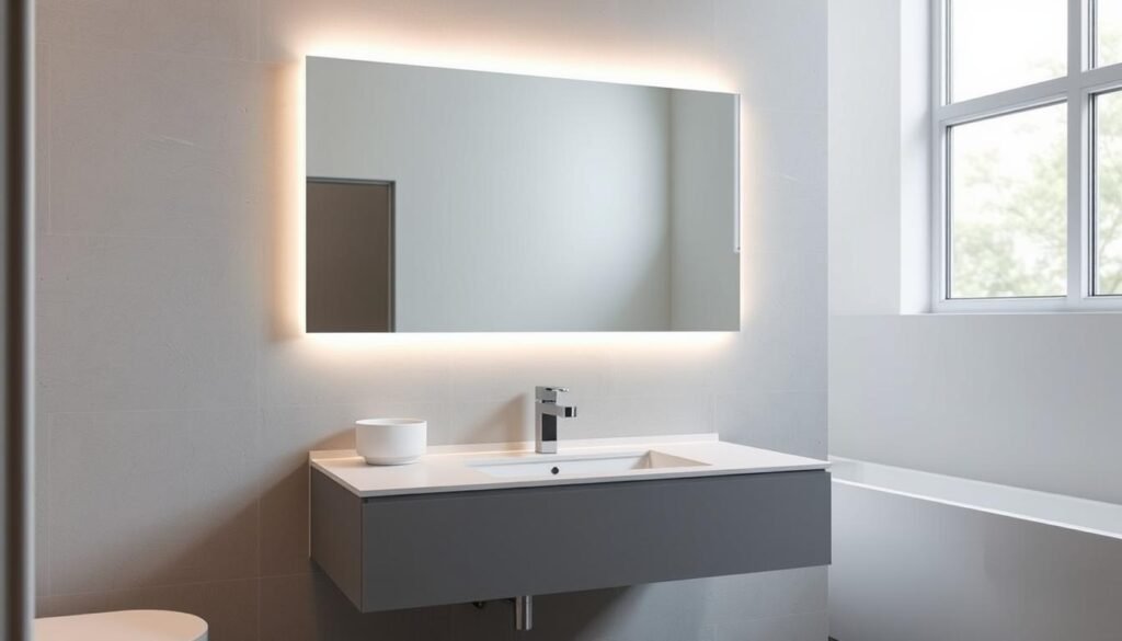 A modern, space-saving bathroom vanity mirror with a sleek, minimalist design. The mirror is mounted on the wall, floating above a shallow vanity unit with clean lines and a matte finish. The mirror's frame is thin and seamless, creating an illusion of depth and dimension. Soft, indirect lighting emanates from behind the mirror, casting a warm, ambient glow that enhances the sense of spaciousness. The vanity is positioned in a well-lit, airy bathroom setting, with large windows letting in natural light. The overall atmosphere is one of tranquility and sophistication, inviting the viewer to experience a truly functional yet stylish bathroom solution. A modern, space-saving bathroom vanity mirror with a sleek, minimalist design. The mirror is mounted on the wall, floating above a shallow vanity unit with clean lines and a matte finish. The mirror's frame is thin and seamless, creating an illusion of depth and dimension. Soft, indirect lighting emanates from behind the mirror, casting a warm, ambient glow that enhances the sense of spaciousness. The vanity is positioned in a well-lit, airy bathroom setting, with large windows letting in natural light. The overall atmosphere is one of tranquility and sophistication, inviting the viewer to experience a truly functional yet stylish bathroom solution.