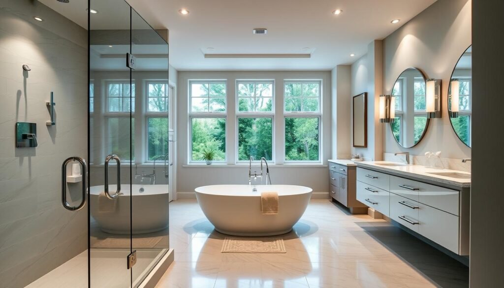 A modern, well-appointed bathroom with features that appeal to home buyers. In the foreground, a luxurious walk-in shower with sleek glass enclosure and rainfall showerhead. Centered is a deep, freestanding bathtub with elegant chrome fixtures. The middle ground showcases a vanity with dual sinks, ample counter space, and recessed lighting. The background features high-end tile flooring, neutral color palette, and large windows allowing natural light to flood the space. The overall atmosphere is one of sophistication, functionality, and timeless style - qualities that contribute to strong resale value.