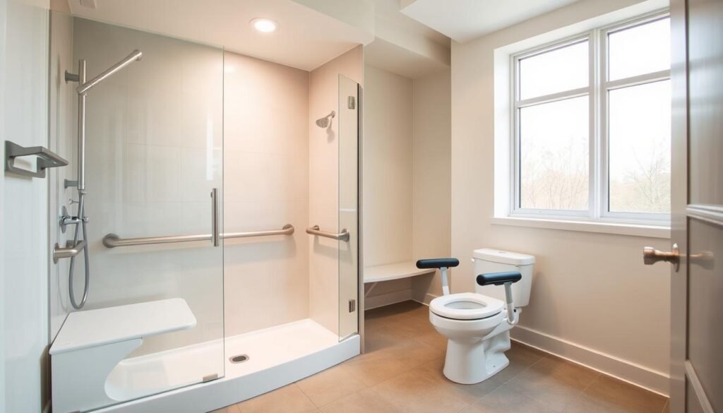 A modern, well-lit bathroom with a walk-in shower featuring a low curb and grab bars on the walls. The shower has a built-in shower seat and a handheld showerhead. A bright, spacious room with high ceilings and large windows, creating a warm, inviting atmosphere. The floor is covered in non-slip tile, and a raised toilet with armrests is positioned nearby. Subtle lighting fixtures and neutral color palette contribute to the calm, accessible feel of the space.