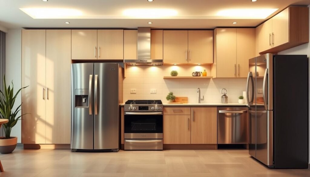 A modern, well-lit kitchen interior featuring a row of sleek, stainless steel energy-efficient appliances including a fridge, oven, and dishwasher. The appliances are arranged in a clean, minimalist layout with ample counter space. Warm, diffused lighting from overhead fixtures creates a cozy, inviting atmosphere. The kitchen is accented with neutral-toned cabinetry and tile backsplash, conveying a sense of style and efficiency. The overall scene reflects a sustainable, eco-conscious design aesthetic. A modern, well-lit kitchen interior featuring a row of sleek, stainless steel energy-efficient appliances including a fridge, oven, and dishwasher. The appliances are arranged in a clean, minimalist layout with ample counter space. Warm, diffused lighting from overhead fixtures creates a cozy, inviting atmosphere. The kitchen is accented with neutral-toned cabinetry and tile backsplash, conveying a sense of style and efficiency. The overall scene reflects a sustainable, eco-conscious design aesthetic.