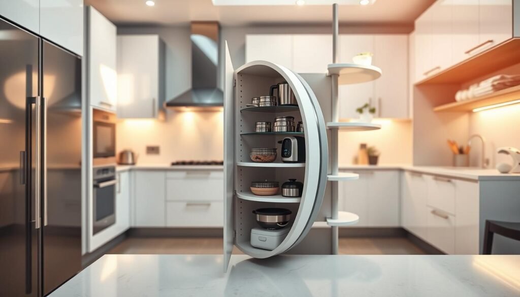 A modern, well-lit kitchen interior with a prominent lazy susan cabinet in the foreground. The cabinet features a circular, rotating platform with shelves, neatly organizing various cooking items and small appliances. The middle ground shows a clean, minimalist kitchen design with sleek white cabinets and countertops, complemented by stainless steel appliances. The background is softly blurred, emphasizing the focal point of the rotating storage solution. The lighting is warm and natural, casting a cozy glow over the scene. The overall mood is one of efficiency, organization, and the ingenious use of space-saving kitchen features. A modern, well-lit kitchen interior with a prominent lazy susan cabinet in the foreground. The cabinet features a circular, rotating platform with shelves, neatly organizing various cooking items and small appliances. The middle ground shows a clean, minimalist kitchen design with sleek white cabinets and countertops, complemented by stainless steel appliances. The background is softly blurred, emphasizing the focal point of the rotating storage solution. The lighting is warm and natural, casting a cozy glow over the scene. The overall mood is one of efficiency, organization, and the ingenious use of space-saving kitchen features.