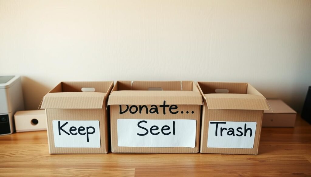 A neatly organized desk with four labeled cardboard boxes in the foreground: "Keep", "Donate", "Sell", and "Trash". The boxes are positioned on a wooden surface, with a neutral-colored wall behind them. The lighting is warm and diffused, creating a cozy, inviting atmosphere. The angle is slightly elevated, giving a birds-eye view of the scene. The overall composition is balanced and visually appealing, drawing the viewer's attention to the central 4-box decluttering system. A neatly organized desk with four labeled cardboard boxes in the foreground: "Keep", "Donate", "Sell", and "Trash". The boxes are positioned on a wooden surface, with a neutral-colored wall behind them. The lighting is warm and diffused, creating a cozy, inviting atmosphere. The angle is slightly elevated, giving a birds-eye view of the scene. The overall composition is balanced and visually appealing, drawing the viewer's attention to the central 4-box decluttering system.