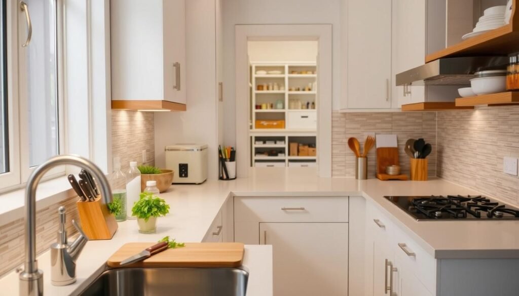 A neatly organized kitchen with well-defined zones for food preparation, cooking, and cleaning. The countertops are clear and uncluttered, with essential tools and appliances within easy reach. The backsplash features a subtle, patterned tile that adds visual interest. Soft, even lighting illuminates the space, creating a warm and inviting atmosphere. In the foreground, a cutting board and knife set are positioned near the sink, while a few potted herbs add a touch of greenery. The middle ground showcases a sleek, modern stove and oven, surrounded by clean, white cabinetry. In the background, a window offers a glimpse of a tidy, organized pantry, reflecting the overall sense of order and efficiency.