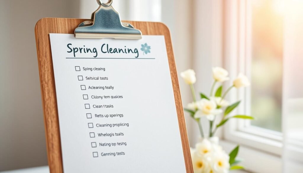 A neatly organized spring cleaning checklist displayed on a rustic wooden clipboard against a bright, airy backdrop. The checklist features various cleaning tasks with checkboxes, conveying a sense of productivity and accomplishment. Soft natural lighting filters through a window, casting a warm glow on the scene. The overall atmosphere is fresh, rejuvenating, and aligned with the theme of revitalizing one's living space for the spring season. A neatly organized spring cleaning checklist displayed on a rustic wooden clipboard against a bright, airy backdrop. The checklist features various cleaning tasks with checkboxes, conveying a sense of productivity and accomplishment. Soft natural lighting filters through a window, casting a warm glow on the scene. The overall atmosphere is fresh, rejuvenating, and aligned with the theme of revitalizing one's living space for the spring season.