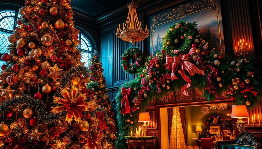 A opulent Christmas scene, bursting with vibrant colors and luxurious textures. In the foreground, a towering tree adorned with an abundance of shimmering tinsel, glistening ornaments, and twinkling lights that cast a warm, inviting glow. The middle ground features a lavish arrangement of ornate wreaths, garlands, and festive floral accents, creating a sense of opulence and grandeur. The background is a cozy, dimly lit interior, with rich, jewel-toned fabrics and metallic accents that enhance the opulent atmosphere. Warm, soft lighting illuminates the scene, casting a dreamlike, magical quality over the maximalist holiday decor. A opulent Christmas scene, bursting with vibrant colors and luxurious textures. In the foreground, a towering tree adorned with an abundance of shimmering tinsel, glistening ornaments, and twinkling lights that cast a warm, inviting glow. The middle ground features a lavish arrangement of ornate wreaths, garlands, and festive floral accents, creating a sense of opulence and grandeur. The background is a cozy, dimly lit interior, with rich, jewel-toned fabrics and metallic accents that enhance the opulent atmosphere. Warm, soft lighting illuminates the scene, casting a dreamlike, magical quality over the maximalist holiday decor.