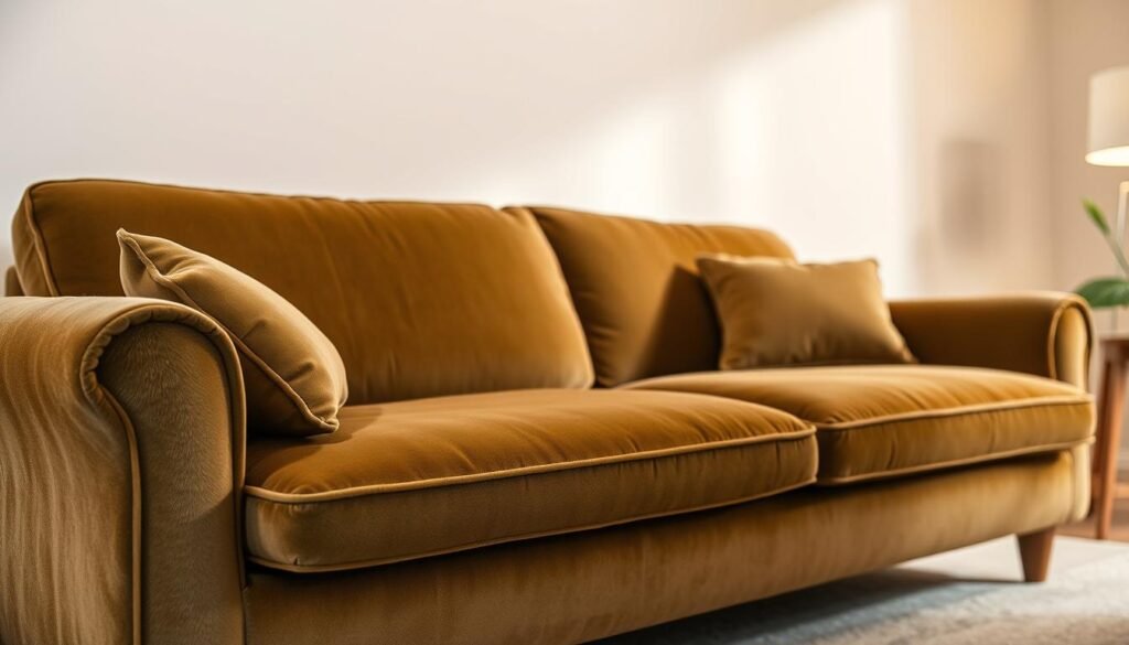 A plush, luxurious velvet couch material with a rich, velvety texture and sheen, suitable for pet owners. The couch is positioned in a warm, cozy living room setting, with soft, diffused lighting that highlights the depth and luster of the velvet. The material appears durable and resilient, able to withstand the wear and tear of daily use by pets. The couch is framed by a minimalist, contemporary interior design, emphasizing the material's versatility and ability to seamlessly integrate into a variety of home decor styles.