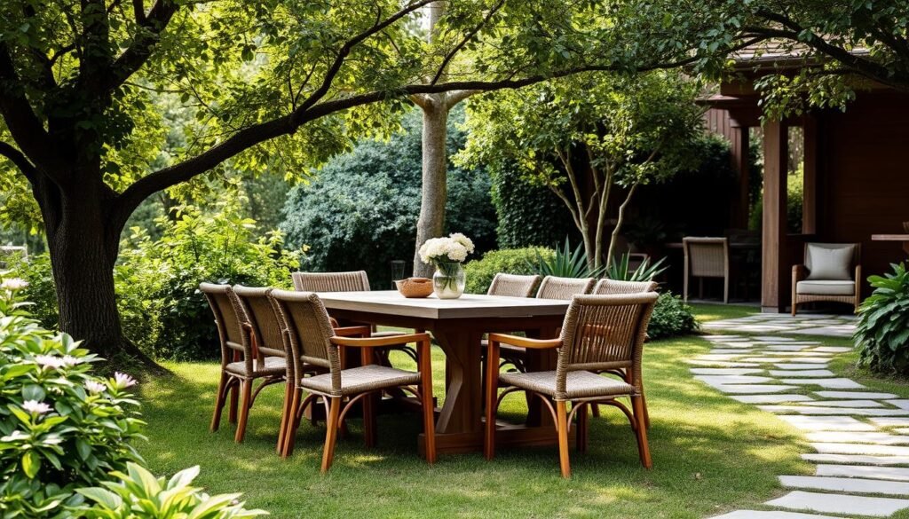 A rustic, weather-resistant outdoor dining set nestled in a lush, verdant garden. The table and chairs are crafted from sturdy, natural materials like teak or rattan, with a subtle, earthy color palette that seamlessly blends with the surrounding foliage. Soft, diffused sunlight filters through the overhead canopy of trees, casting a warm, inviting glow on the setting. The scene exudes a sense of tranquility and relaxation, perfect for an alfresco dining experience. In the background, a stone pathway leads to a cozy seating area, where guests can lounge and enjoy the sights and sounds of the outdoors.