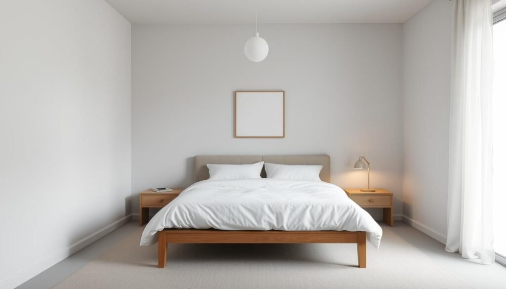 A serene and minimalist bedroom with a muted color palette. A neatly made bed with crisp white bedding takes center stage, surrounded by clean-lined furniture and uncluttered surfaces. Soft, diffused lighting from a single pendant fixture illuminates the space, creating a calm and tranquil atmosphere. The walls are bare, save for a single, understated piece of artwork. The overall impression is one of simplicity, order, and a deliberate absence of visual distractions, allowing the eye to rest and the mind to find peace.