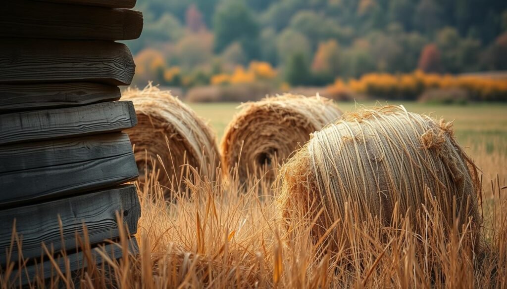 A serene fall scene with golden hay bales nestled in a lush field. Warm, natural textures abound - weathered wooden planks, coarse burlap, and wispy dried grasses. Soft, diffused lighting filters through the hazy atmosphere, casting a gentle glow over the earthy tones. The composition is balanced, with the hay bales forming the focal point, surrounded by a rustic, pastoral landscape. Hints of autumnal foliage in the distance add pops of vibrant color, complementing the muted, organic palette. The overall mood is one of quiet, rural tranquility - a peaceful, picturesque setting that evokes the spirit of the fall season.