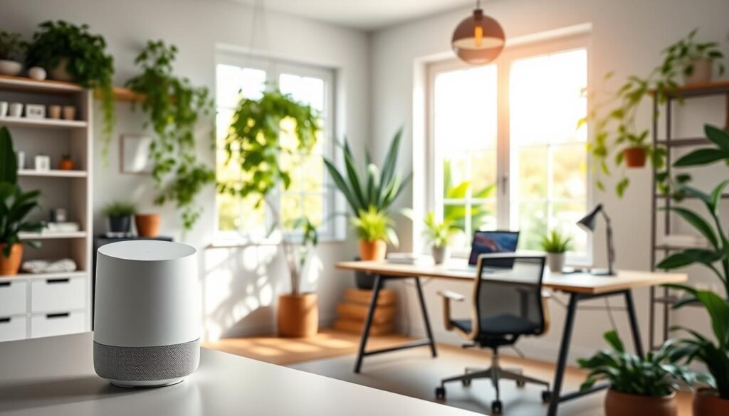 A serene home office, filled with natural light and soothing colors. In the foreground, a sleek, voice-controlled smart hub manages various home automation features - dimming the lights, adjusting the temperature, and playing calming ambient music. The middle ground showcases a minimalist, ergonomic desk setup with a laptop, a potted plant, and a few personal touches. The background depicts a lush indoor garden, with greenery cascading from shelves and large windows offering a calming view of the outdoors. The overall atmosphere is one of tranquility, efficiency, and mindfulness, designed to reduce stress and promote a healthier, more harmonious living environment.
