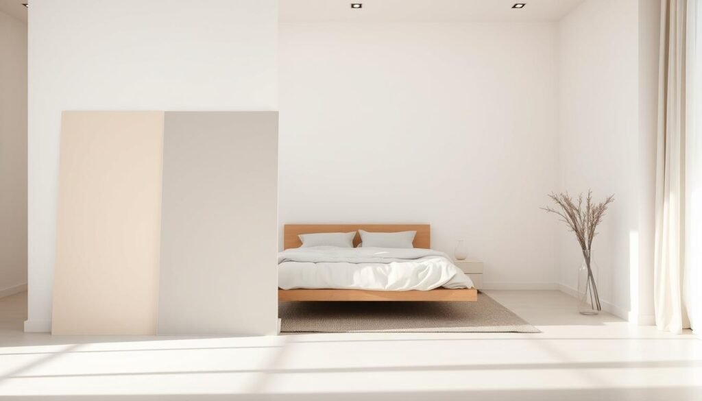 A serene, minimalist bedroom showcasing a soothing neutral color palette. The foreground features three large paint swatches - soft, earthy tones of beige, gray, and off-white. The mid-ground depicts a simple, uncluttered bedroom setting with a modern platform bed and minimal decor. The background fades into a hazy, natural light, creating a calming, harmonious atmosphere. The overall scene evokes a sense of tranquility and simplicity, perfectly capturing the essence of a minimalist, serene living space.