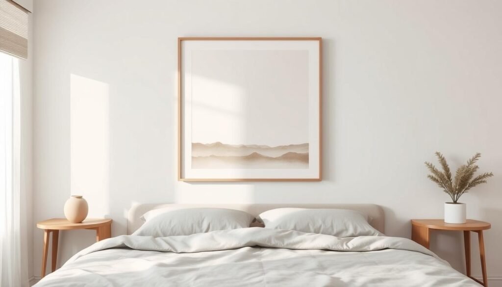 A serene, minimalist wall art piece featuring a simple, abstract composition of muted, earthy tones. The layout is clean and balanced, with a focus on negative space and subtle textures. Soft, natural lighting illuminates the piece, creating a calming, introspective mood. The artwork is framed in a slim, modern frame that complements the minimalist aesthetic. The entire scene is captured with a wide-angle lens, providing a sense of spaciousness and simplicity that aligns with the subject matter of a minimalist bedroom.