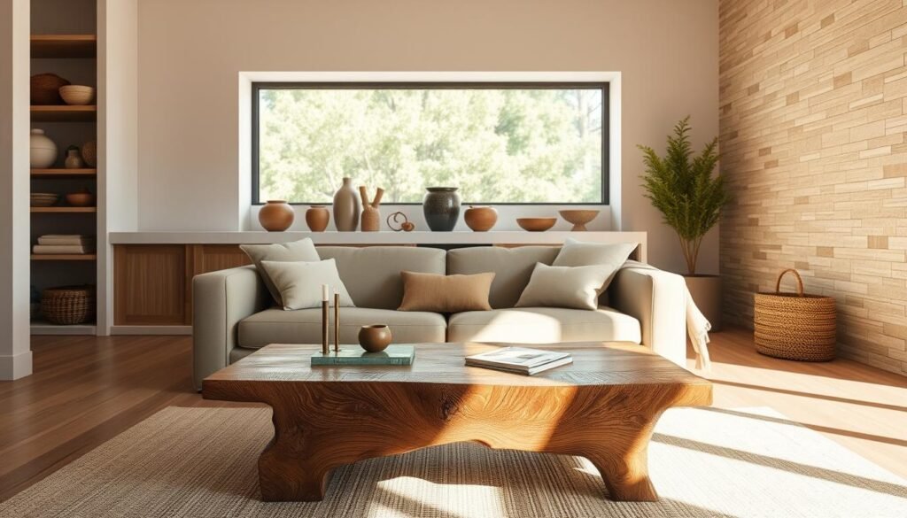 A serene, sun-dappled interior showcasing an array of sustainable design materials. In the foreground, a sleek coffee table crafted from reclaimed wood, its natural grain and textures highlighted by warm, diffused lighting. Behind it, a plush sofa upholstered in organic linen, complemented by throw pillows in earthy tones. In the middle ground, built-in shelving displays an assortment of decorative ceramic vessels and woven baskets, while a large window allows natural daylight to stream in, casting soft shadows. In the background, a feature wall clad in textured, recycled-content tiles creates a soothing, natural ambiance. The overall scene conveys a harmonious blend of modern minimalism and eco-conscious design. A serene, sun-dappled interior showcasing an array of sustainable design materials. In the foreground, a sleek coffee table crafted from reclaimed wood, its natural grain and textures highlighted by warm, diffused lighting. Behind it, a plush sofa upholstered in organic linen, complemented by throw pillows in earthy tones. In the middle ground, built-in shelving displays an assortment of decorative ceramic vessels and woven baskets, while a large window allows natural daylight to stream in, casting soft shadows. In the background, a feature wall clad in textured, recycled-content tiles creates a soothing, natural ambiance. The overall scene conveys a harmonious blend of modern minimalism and eco-conscious design.