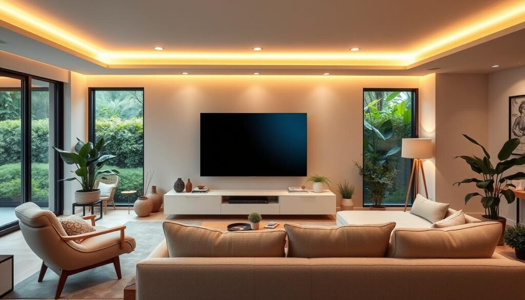 A serene, well-lit living room with a large, curved OLED television as the centerpiece. Warm, diffused lighting from recessed fixtures and a sleek, minimalist entertainment console below, creating a calming ambiance. In the foreground, a plush, oversized sofa invites relaxation, accompanied by a pair of ergonomic chairs and a low, natural wood coffee table. Potted plants and artful decor elements punctuate the space, promoting a sense of wellness and harmony. The large windows offer views of a lush, verdant garden outside, blending the indoor and outdoor environments for a holistic, restorative experience.