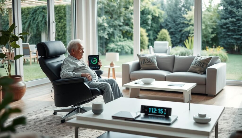 A serene, well-lit living room with large windows overlooking a peaceful garden. In the foreground, an elderly person sits comfortably in a high-tech adjustable armchair, surrounded by various smart home healthcare devices - a tablet displaying health metrics, a voice-controlled assistant, and discreet sensors monitoring vital signs. The middle ground features a sleek, minimalist coffee table with integrated charging pads and a smart home control panel. The background showcases lush greenery and soft natural light, creating a calming, inviting atmosphere that promotes aging-in-place and independent living.