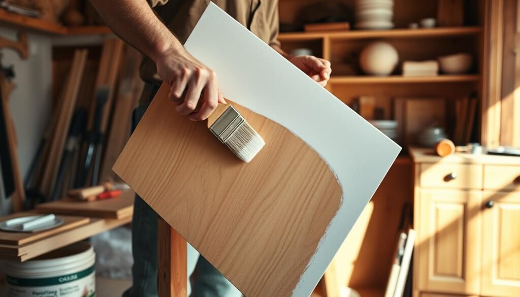 A skilled carpenter carefully applies a smooth, even layer of white cabinet primer to the surface of a wooden kitchen cabinet door. The door is held in a sturdy work stand, illuminated by warm, directional lighting that casts soft shadows and highlights the rich wood grain. The primer is applied with a high-quality paintbrush in long, even strokes, ensuring full coverage and a flawless finish. The surrounding workspace is organized and clean, with various tools and materials neatly arranged, conveying a sense of professionalism and attention to detail. The overall scene evokes a serene, focused atmosphere, reflecting the expertise and care required to properly prime cabinets for a beautiful, long-lasting paint job. A skilled carpenter carefully applies a smooth, even layer of white cabinet primer to the surface of a wooden kitchen cabinet door. The door is held in a sturdy work stand, illuminated by warm, directional lighting that casts soft shadows and highlights the rich wood grain. The primer is applied with a high-quality paintbrush in long, even strokes, ensuring full coverage and a flawless finish. The surrounding workspace is organized and clean, with various tools and materials neatly arranged, conveying a sense of professionalism and attention to detail. The overall scene evokes a serene, focused atmosphere, reflecting the expertise and care required to properly prime cabinets for a beautiful, long-lasting paint job.