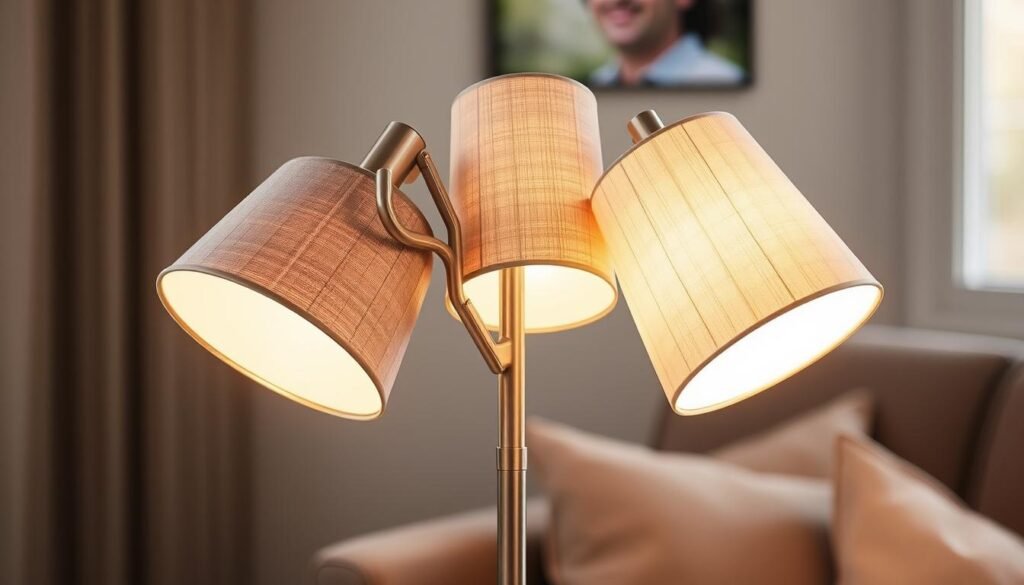 A sleek, adjustable multi-shade lamp stands elegantly in a cozy living room. The lamp's base is crafted from brushed metal, with an adjustable arm that allows the user to precisely position the light. Three distinct fabric shades in complementary tones of gray, beige, and cream gently diffuse the warm, ambient glow, creating a soft and inviting atmosphere. Delicate details, such as the textured shade material and the subtle curves of the design, add depth and visual interest. The lamp is positioned to provide focused illumination for a reading nook or side table, while also contributing to the overall balanced and harmonious lighting scheme of the room. A sleek, adjustable multi-shade lamp stands elegantly in a cozy living room. The lamp's base is crafted from brushed metal, with an adjustable arm that allows the user to precisely position the light. Three distinct fabric shades in complementary tones of gray, beige, and cream gently diffuse the warm, ambient glow, creating a soft and inviting atmosphere. Delicate details, such as the textured shade material and the subtle curves of the design, add depth and visual interest. The lamp is positioned to provide focused illumination for a reading nook or side table, while also contributing to the overall balanced and harmonious lighting scheme of the room.