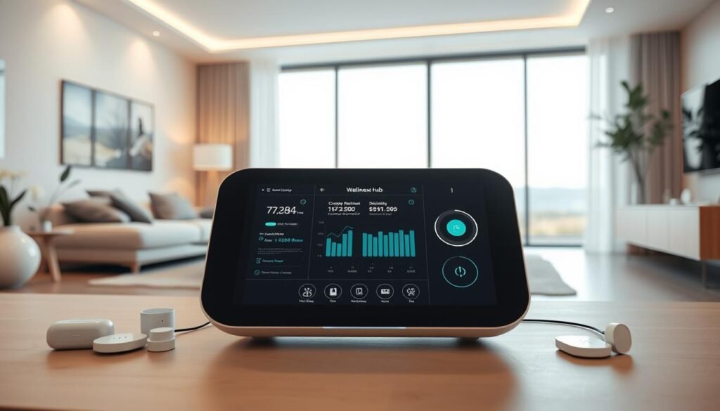 A sleek and futuristic smart home wellness hub, the centerpiece of a minimalist living space. In the foreground, a streamlined device with a crisp, high-resolution display showcases real-time health metrics and personalized wellness recommendations. Surrounding it, an array of discreet sensors and monitoring devices seamlessly integrated into the modern décor. The middle ground features a serene, softly-lit environment with neutral tones and natural textures, creating a calming atmosphere for managing chronic conditions. In the background, a panoramic window offers a tranquil outdoor view, blending the smart technology with the serenity of nature. Warm, balanced lighting and a slight depth of field draw the viewer's focus to the wellness hub, a symbol of the intersection between advanced health tech and the comfort of the smart home.