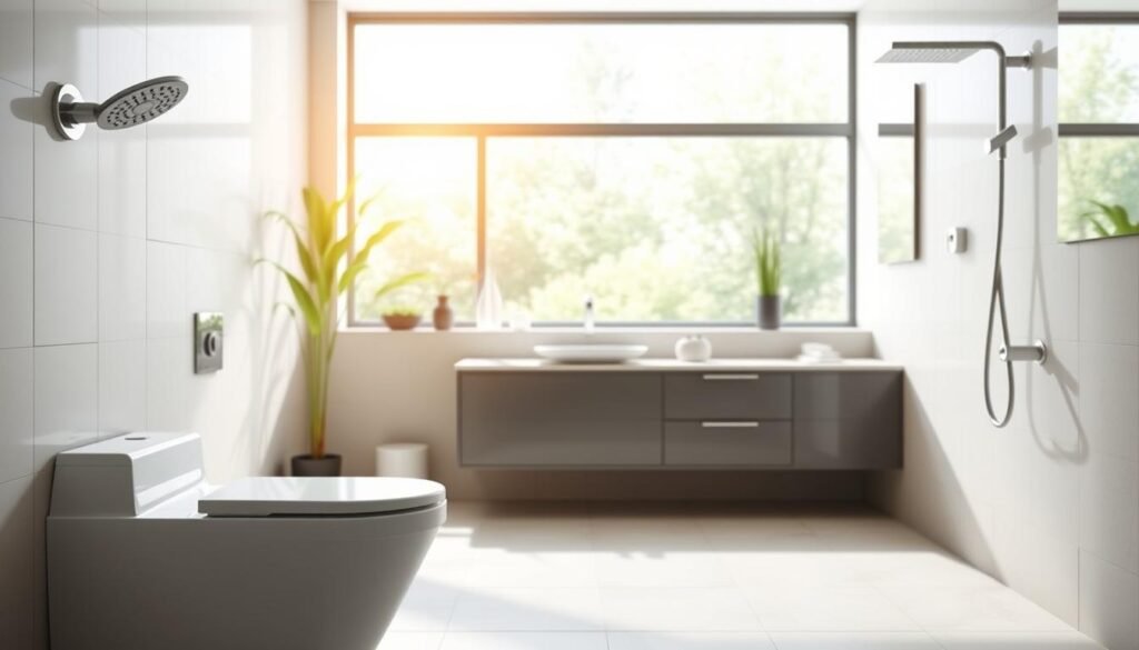A sleek, modern bathroom interior with water-efficient fixtures. In the foreground, a low-flow toilet and an energy-efficient showerhead are prominently displayed, showcasing their streamlined, minimalist designs. In the middle ground, a vanity with a touch-free faucet and a water-saving sink are visible, complementing the eco-friendly theme. The background features a large window, allowing natural light to flood the space and creating a bright, airy atmosphere. The overall scene conveys a sense of environmental consciousness and sustainable living, highlighting the importance of water conservation in bathroom design.
