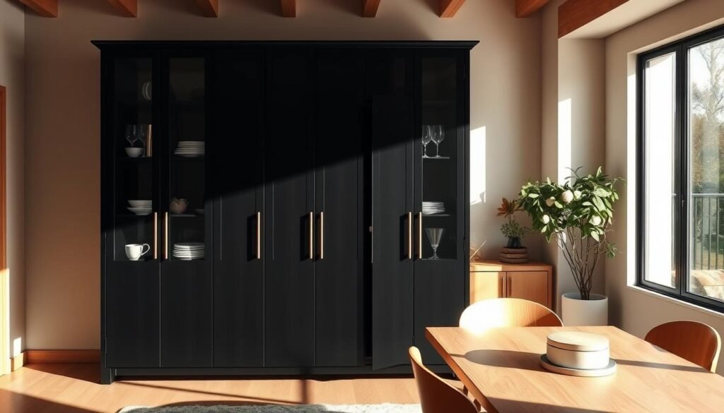 A sleek, modern black china cabinet stands as the focal point in a sun-drenched dining room. Elegant curved doors and minimalist hardware create a sophisticated silhouette, contrasting beautifully with the warm, light-colored wood of the surrounding furniture. The cabinet is captured in a high-angle shot, highlighting its striking presence and commanding the viewer's attention. Soft, directional lighting from a large window casts gentle shadows, adding depth and dimension to the scene. The overall atmosphere is one of refined elegance, with a touch of understated luxury.