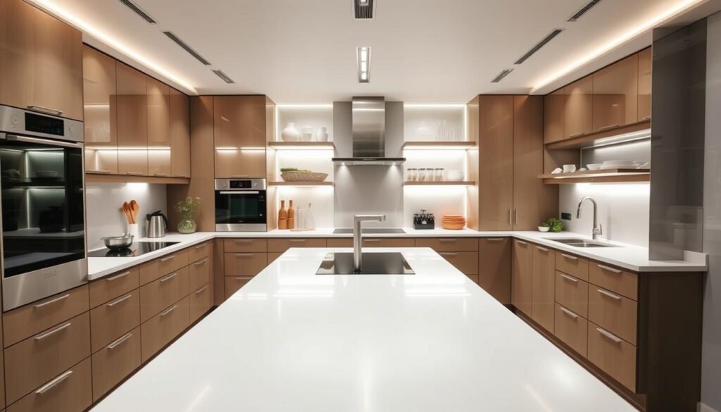 A sleek, modern kitchen layout showcasing the 5-zone method. In the foreground, a clean, minimalist counter with a central work area. The middle ground features distinct zones for food preparation, cooking, and cleanup, each with high-end appliances and ample counter space. In the background, a well-organized pantry and storage solutions seamlessly integrated into the design. The lighting is a harmonious blend of task-focused illumination and ambient brightness, creating a sense of efficiency and ambiance. The camera angle captures the overall flow and functionality of the space, inviting the viewer to envision the streamlined cooking experience.