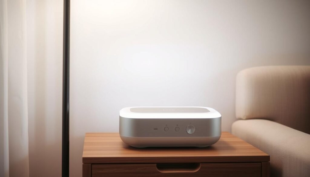 A sleek, modern white noise machine sits atop a minimalist wooden side table, its soothing glow illuminating the tranquil scene. Soft, diffused lighting casts a calming ambiance, while the machine's discrete design blends seamlessly into the serene, neutral-toned interior. The machine's front panel features simple, intuitive controls, allowing for easy adjustment of the masking sound levels. The overall composition evokes a sense of quiet focus, creating a peaceful oasis within the broader living space. A sleek, modern white noise machine sits atop a minimalist wooden side table, its soothing glow illuminating the tranquil scene. Soft, diffused lighting casts a calming ambiance, while the machine's discrete design blends seamlessly into the serene, neutral-toned interior. The machine's front panel features simple, intuitive controls, allowing for easy adjustment of the masking sound levels. The overall composition evokes a sense of quiet focus, creating a peaceful oasis within the broader living space.