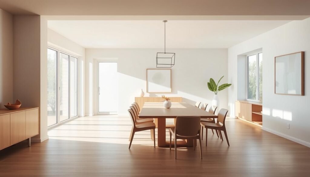 A spacious modern dining room with minimalist design. The central focus is a sleek, rectangular dining table in a light wood tone, surrounded by matching minimalist chairs with clean lines. The room is flooded with natural light through large windows, casting a warm glow and creating a serene, airy atmosphere. The walls are painted in a soft, neutral color palette, complemented by a simple, geometric light fixture suspended above the table. The floor is finished in a light-colored, smooth hardwood, adding to the overall sense of simplicity and elegance. Subtle decorative elements, such as a potted plant or a minimalist abstract artwork, provide tasteful accents without distracting from the room's pared-back aesthetic. A spacious modern dining room with minimalist design. The central focus is a sleek, rectangular dining table in a light wood tone, surrounded by matching minimalist chairs with clean lines. The room is flooded with natural light through large windows, casting a warm glow and creating a serene, airy atmosphere. The walls are painted in a soft, neutral color palette, complemented by a simple, geometric light fixture suspended above the table. The floor is finished in a light-colored, smooth hardwood, adding to the overall sense of simplicity and elegance. Subtle decorative elements, such as a potted plant or a minimalist abstract artwork, provide tasteful accents without distracting from the room's pared-back aesthetic.