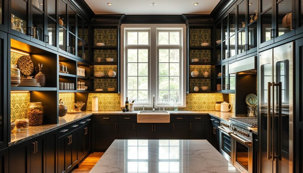 A spacious, modern pantry with bold design choices. Sleek, black cabinetry frames a vibrant backsplash of patterned tiles in shades of teal and mustard yellow. The pantry shelves are adorned with glass jars and decorative ceramics, casting a warm glow from the soft, overhead lighting. The scene is further enhanced by a central island with a marble countertop, providing a functional workspace. Large windows let in abundant natural light, creating an airy, inviting atmosphere. Stainless steel appliances and polished chrome hardware add a touch of industrial chic to the overall aesthetic. This pantry showcases a harmonious blend of form and function, setting the stage for an inspiring culinary experience. A spacious, modern pantry with bold design choices. Sleek, black cabinetry frames a vibrant backsplash of patterned tiles in shades of teal and mustard yellow. The pantry shelves are adorned with glass jars and decorative ceramics, casting a warm glow from the soft, overhead lighting. The scene is further enhanced by a central island with a marble countertop, providing a functional workspace. Large windows let in abundant natural light, creating an airy, inviting atmosphere. Stainless steel appliances and polished chrome hardware add a touch of industrial chic to the overall aesthetic. This pantry showcases a harmonious blend of form and function, setting the stage for an inspiring culinary experience.
