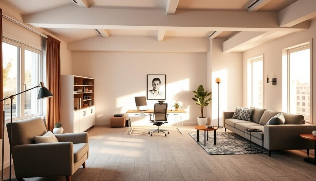 A spacious, open-concept flex room with distinct zones delineated by strategic furniture placement and lighting. In the foreground, a cozy reading nook with a plush armchair and floor lamp. In the middle, a multipurpose work area with a modern desk and ergonomic chair, illuminated by a sleek pendant light. In the background, a relaxation zone with a comfortable sectional sofa and a pair of ambient sconces. The room is bathed in warm, natural light filtering through large windows, creating a harmonious and inviting atmosphere for a range of activities. The overall layout showcases smart zoning techniques that maximize the flexibility and functionality of this multipurpose space.