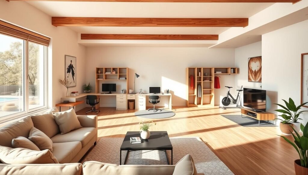 A spacious, well-lit flex room with an open floor plan, showcasing a variety of functional areas. In the foreground, a cozy living space with plush seating, a large, airy window, and warm, natural lighting. In the middle ground, a modular desk setup for remote work or study, with sleek, minimalist furniture and ample storage. The background features a multipurpose exercise nook, complete with yoga mats, resistance bands, and a stationary bike. The room exudes a harmonious, calming atmosphere, with earthy tones, natural materials, and a sense of balance and versatility, exemplifying the ideal flex room design.