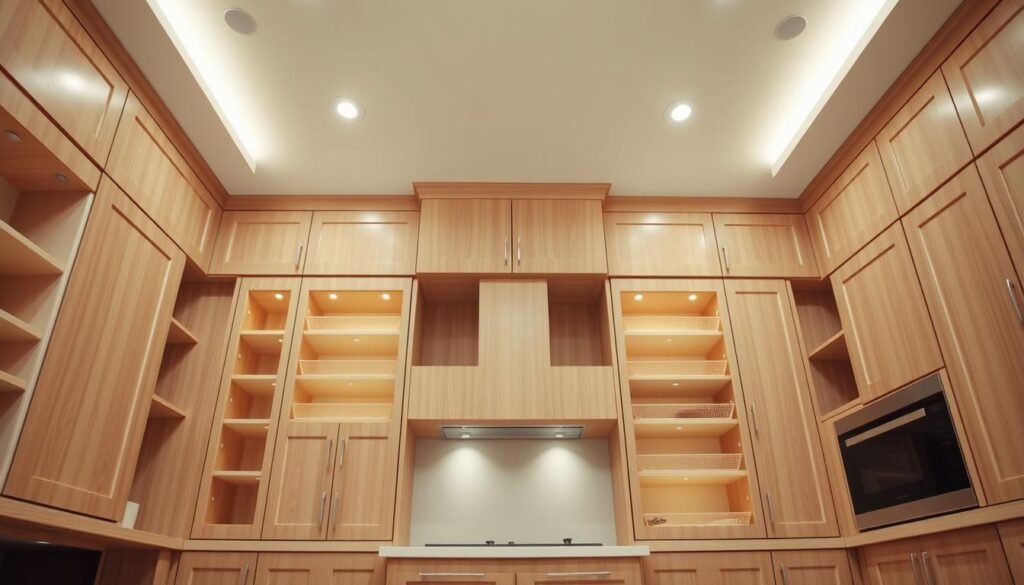 A spacious, well-lit kitchen with custom wooden cabinetry in a soothing, natural color palette. The cabinets feature an intricate, modular design with a variety of built-in storage solutions, including pullout shelves, adjustable racks, and specialized compartments. Soft, even lighting from recessed ceiling fixtures illuminates the pristine, minimalist aesthetic, casting a warm glow on the clean, seamless surfaces. The camera angle captures the cabinetry from a low, three-quarter view, emphasizing the depth and functionality of the organization system. An atmosphere of harmonious efficiency and elevated culinary experience pervades the scene. A spacious, well-lit kitchen with custom wooden cabinetry in a soothing, natural color palette. The cabinets feature an intricate, modular design with a variety of built-in storage solutions, including pullout shelves, adjustable racks, and specialized compartments. Soft, even lighting from recessed ceiling fixtures illuminates the pristine, minimalist aesthetic, casting a warm glow on the clean, seamless surfaces. The camera angle captures the cabinetry from a low, three-quarter view, emphasizing the depth and functionality of the organization system. An atmosphere of harmonious efficiency and elevated culinary experience pervades the scene.
