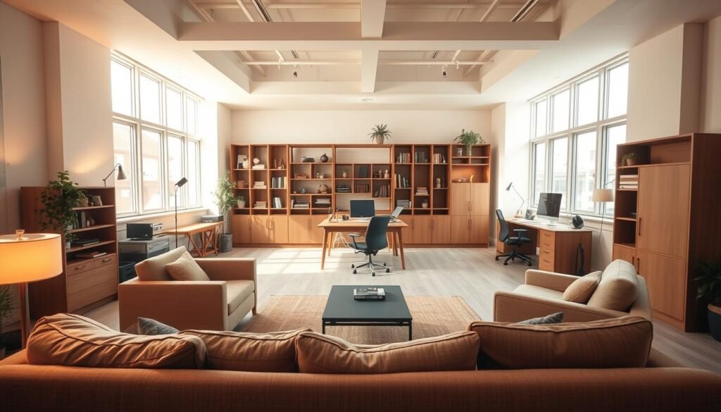 A spacious, well-lit room with natural light streaming through large windows. In the foreground, a comfortable sofa and armchair arrangement suggest a cozy lounge area. In the middle ground, a wooden desk and chair setup indicate a dedicated workspace. Along the back wall, modular shelving units and storage cabinets provide ample organization and display options. The overall mood is one of productivity, flexibility, and intentional design. Soft, warm lighting from floor lamps and task lights creates a welcoming atmosphere. The camera angle is slightly elevated, capturing the room's harmonious layout and multifunctional potential.