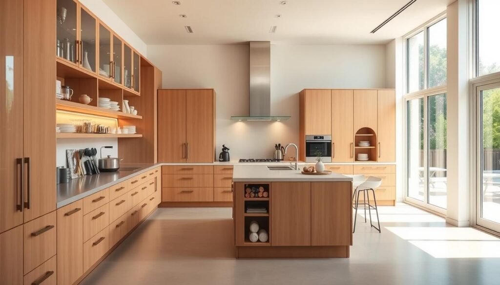 A spacious, well-organized kitchen with an abundance of storage solutions. The foreground showcases a series of neatly arranged cabinets, drawers, and shelves, each optimized for maximum efficiency. The middle ground features a central island with integrated storage compartments, providing additional space for cookware, utensils, and small appliances. The background depicts a bright, airy atmosphere with large windows that flood the room with natural light, creating an inviting and functional workspace. The lighting is warm and balanced, accentuating the sleek, modern design elements. The overall composition conveys a sense of calm, organized productivity, perfect for the "Step 3: Maximize Storage Space" section of the article.