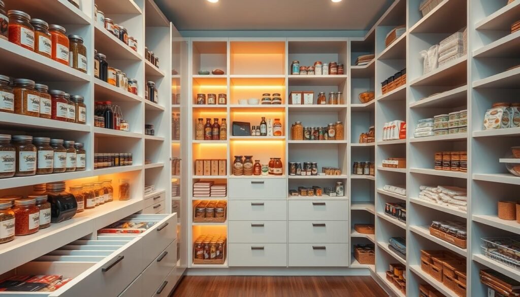 A spacious, well-organized pantry with maximized storage solutions. In the foreground, sleek pull-out drawers and shelves neatly hold an array of labeled glass jars, canned goods, and packaged foods. The middle ground features cleverly designed modular shelving units that extend the vertical space, allowing for efficient stacking and access. Warm, directional lighting highlights the clean, minimalist aesthetic, casting a cozy glow on the contents. In the background, the walls are lined with deep, custom-fitted shelves, each compartment meticulously arranged for maximum capacity. The overall mood is one of harmonious, functional order - a serene, organized space that inspires culinary creativity. A spacious, well-organized pantry with maximized storage solutions. In the foreground, sleek pull-out drawers and shelves neatly hold an array of labeled glass jars, canned goods, and packaged foods. The middle ground features cleverly designed modular shelving units that extend the vertical space, allowing for efficient stacking and access. Warm, directional lighting highlights the clean, minimalist aesthetic, casting a cozy glow on the contents. In the background, the walls are lined with deep, custom-fitted shelves, each compartment meticulously arranged for maximum capacity. The overall mood is one of harmonious, functional order - a serene, organized space that inspires culinary creativity.