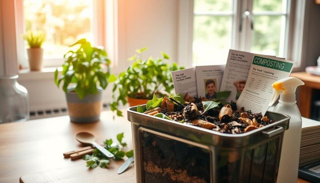 A step-by-step composting guide in a cozy, well-lit kitchen. In the foreground, an open compost bin filled with layers of food scraps, leaves, and soil. Surrounding it, a variety of kitchen tools - a wooden spoon, a small trowel, and a spray bottle. In the middle ground, a lush potted plant and a stack of informative composting pamphlets. The background features a bright window overlooking a verdant outdoor scene, illuminating the entire composition with a warm, natural glow. The overall mood is educational, practical, and environmentally-conscious. A step-by-step composting guide in a cozy, well-lit kitchen. In the foreground, an open compost bin filled with layers of food scraps, leaves, and soil. Surrounding it, a variety of kitchen tools - a wooden spoon, a small trowel, and a spray bottle. In the middle ground, a lush potted plant and a stack of informative composting pamphlets. The background features a bright window overlooking a verdant outdoor scene, illuminating the entire composition with a warm, natural glow. The overall mood is educational, practical, and environmentally-conscious.