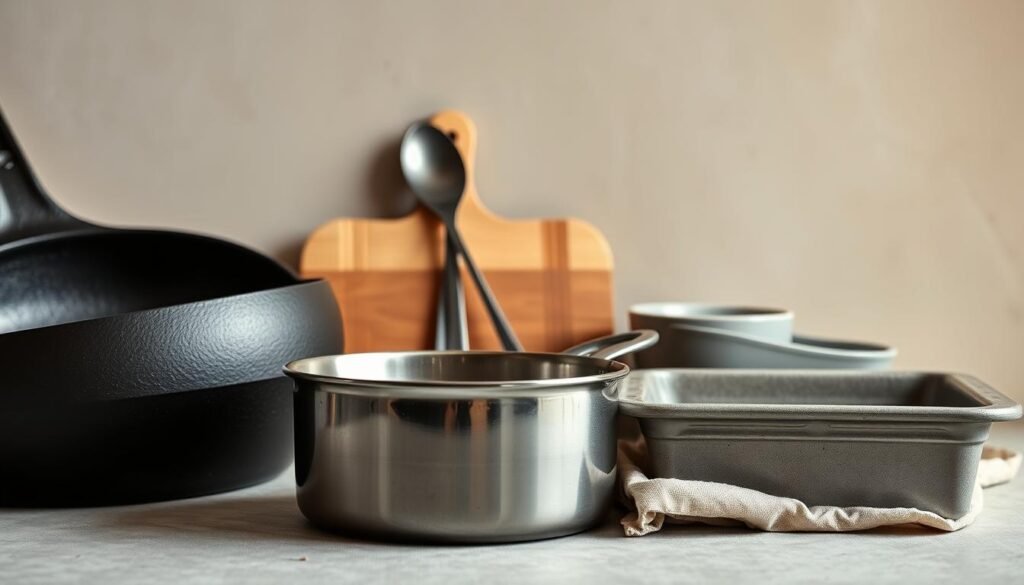A still life arrangement of durable, high-quality cookware materials against a soft, neutral background. In the foreground, a cast iron skillet, a stainless steel saucepan, and a ceramic baking dish, all showcasing their robust, long-lasting construction. In the middle ground, a wooden cutting board and a set of sturdy metal utensils. The background features a muted, earthy color palette, creating a sense of warmth and timelessness. Soft, diffused lighting highlights the textures and finishes of the cookware, emphasizing their quality and durability. The overall composition conveys a sense of simplicity, functionality, and a commitment to sustainable, long-lasting kitchen essentials. A still life arrangement of durable, high-quality cookware materials against a soft, neutral background. In the foreground, a cast iron skillet, a stainless steel saucepan, and a ceramic baking dish, all showcasing their robust, long-lasting construction. In the middle ground, a wooden cutting board and a set of sturdy metal utensils. The background features a muted, earthy color palette, creating a sense of warmth and timelessness. Soft, diffused lighting highlights the textures and finishes of the cookware, emphasizing their quality and durability. The overall composition conveys a sense of simplicity, functionality, and a commitment to sustainable, long-lasting kitchen essentials.