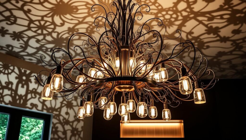 A striking sculptural chandelier, its intricate metalwork casting intricate patterns of light and shadow against the walls. The focal point of the kitchen, its sculptural form commands attention, blending form and function seamlessly. Dramatic pendant lights hang in a dynamic, asymmetric arrangement, illuminating the space with a warm, inviting glow. The lighting is captured with a wide-angle lens, emphasizing the chandelier's scale and architectural presence. The mood is one of elegance and artistry, elevating the everyday kitchen into a gallery-like space. A striking sculptural chandelier, its intricate metalwork casting intricate patterns of light and shadow against the walls. The focal point of the kitchen, its sculptural form commands attention, blending form and function seamlessly. Dramatic pendant lights hang in a dynamic, asymmetric arrangement, illuminating the space with a warm, inviting glow. The lighting is captured with a wide-angle lens, emphasizing the chandelier's scale and architectural presence. The mood is one of elegance and artistry, elevating the everyday kitchen into a gallery-like space.