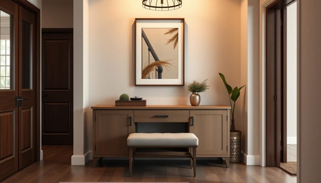 A stylish entryway featuring a modern console table with clean lines and ample storage space. Sleek minimalist design with a wood or stone top, complemented by a tall mirror or artwork displayed above. The entryway is flooded with warm, diffused lighting, creating a welcoming ambiance. A bench or stool provides a functional seating area for putting on shoes. Decorative accessories like a vase, plants, or a decorative tray add a touch of personality. The overall look is cohesive, practical, and designed to make a great first impression.