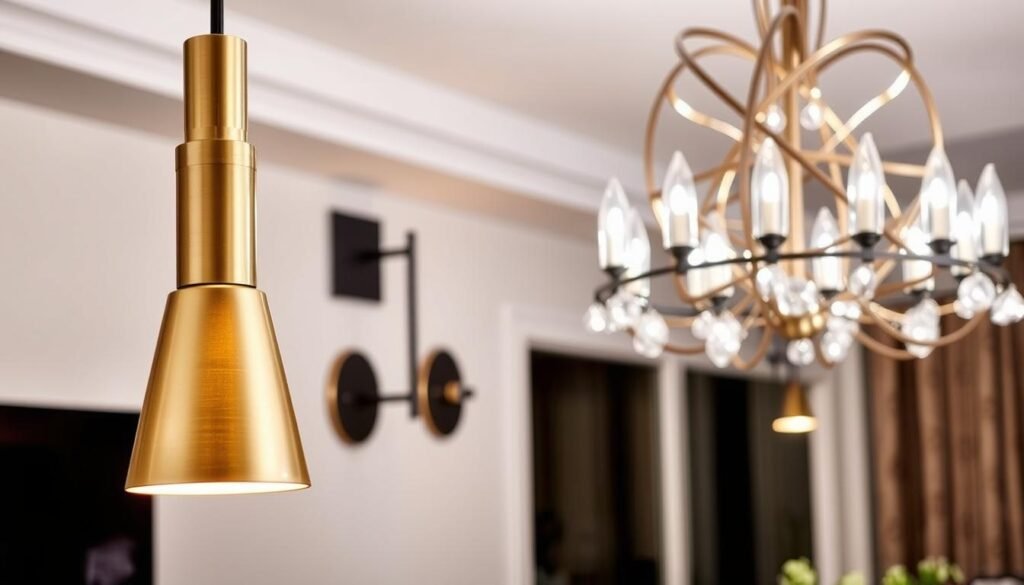 A stylish living room showcasing a captivating mix of metallic lighting fixtures. In the foreground, a sleek and modern pendant light with a brushed brass finish casts a warm, focused glow. In the middle ground, a pair of wall sconces with a matte black frame and polished chrome accents provide additional illumination, creating dynamic contrast. The background features a large, statement-making chandelier with intertwining metal arms and sparkling glass elements, casting a soft, ambient light throughout the space. The overall scene exudes an elegant, sophisticated ambiance, perfectly suited for a designer-curated living room. A stylish living room showcasing a captivating mix of metallic lighting fixtures. In the foreground, a sleek and modern pendant light with a brushed brass finish casts a warm, focused glow. In the middle ground, a pair of wall sconces with a matte black frame and polished chrome accents provide additional illumination, creating dynamic contrast. The background features a large, statement-making chandelier with intertwining metal arms and sparkling glass elements, casting a soft, ambient light throughout the space. The overall scene exudes an elegant, sophisticated ambiance, perfectly suited for a designer-curated living room.