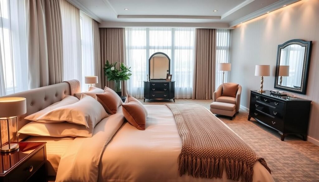 A stylishly appointed guest bedroom exuding an air of sophisticated elegance. In the foreground, a luxurious king-size bed adorned with plush bedding in a neutral palette, accented by sumptuous velvet pillows and a cozy knitted throw. Flanking the bed, sleek nightstands with minimalist lamps emit a warm, ambient glow. In the middle ground, a graceful armchair and ottoman invite relaxation, while a finely crafted dresser and mirror add a touch of refined luxury. The background features floor-to-ceiling windows that flood the space with natural light, framed by sheer curtains that softly billow. The overall atmosphere is one of tranquility and indulgence, creating a welcoming and visually captivating guest retreat. A stylishly appointed guest bedroom exuding an air of sophisticated elegance. In the foreground, a luxurious king-size bed adorned with plush bedding in a neutral palette, accented by sumptuous velvet pillows and a cozy knitted throw. Flanking the bed, sleek nightstands with minimalist lamps emit a warm, ambient glow. In the middle ground, a graceful armchair and ottoman invite relaxation, while a finely crafted dresser and mirror add a touch of refined luxury. The background features floor-to-ceiling windows that flood the space with natural light, framed by sheer curtains that softly billow. The overall atmosphere is one of tranquility and indulgence, creating a welcoming and visually captivating guest retreat.