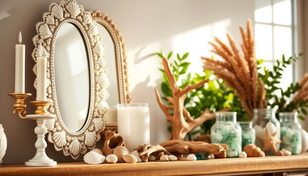 A sun-drenched summer mantel adorned with coastal-inspired decor. In the foreground, an elegant shell-encrusted mirror takes center stage, flanked by delicate coral candle holders. In the middle ground, an array of driftwood, seashells, and glass vases filled with sea glass create a natural, beachy tableau. The background features lush greenery, evoking a serene, seaside ambiance. Soft, diffused lighting casts a warm, golden glow, accentuating the organic textures and hues. The overall composition exudes a bright, breezy, and tranquil atmosphere, perfectly capturing the essence of a summer mantel inspired by the coast. A sun-drenched summer mantel adorned with coastal-inspired decor. In the foreground, an elegant shell-encrusted mirror takes center stage, flanked by delicate coral candle holders. In the middle ground, an array of driftwood, seashells, and glass vases filled with sea glass create a natural, beachy tableau. The background features lush greenery, evoking a serene, seaside ambiance. Soft, diffused lighting casts a warm, golden glow, accentuating the organic textures and hues. The overall composition exudes a bright, breezy, and tranquil atmosphere, perfectly capturing the essence of a summer mantel inspired by the coast.