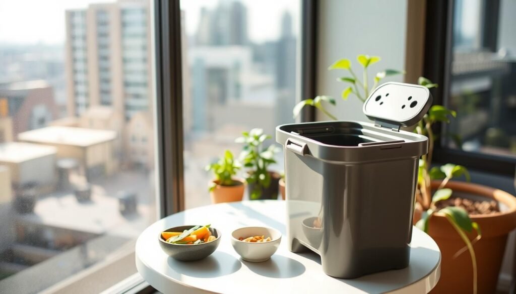 A sunny urban apartment balcony with a compact composting system set up on a small table. In the foreground, a sleek, modern compost bin with a hinged lid and ventilation holes. Nearby, a small collection of compostable kitchen scraps in a cute ceramic bowl. In the middle ground, a few potted plants, perhaps herbs or leafy greens, thriving alongside the composting setup. The background reveals the city skyline through large windows, hinting at the ease of composting even in a cramped urban environment. Soft, natural lighting filters in, creating a warm and inviting atmosphere that emphasizes the simplicity of the composting process. A sunny urban apartment balcony with a compact composting system set up on a small table. In the foreground, a sleek, modern compost bin with a hinged lid and ventilation holes. Nearby, a small collection of compostable kitchen scraps in a cute ceramic bowl. In the middle ground, a few potted plants, perhaps herbs or leafy greens, thriving alongside the composting setup. The background reveals the city skyline through large windows, hinting at the ease of composting even in a cramped urban environment. Soft, natural lighting filters in, creating a warm and inviting atmosphere that emphasizes the simplicity of the composting process.