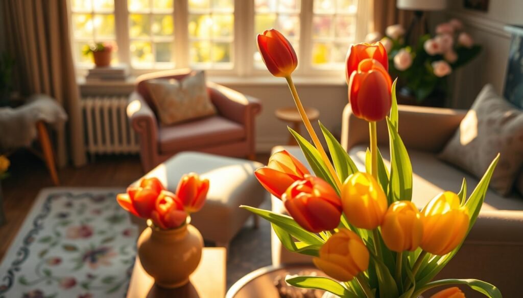 A tastefully arranged still life of vibrant tulips in a cozy, sun-lit home interior. In the foreground, a bouquet of plump, colorful tulips stands in a ceramic vase on a wooden side table, casting warm, soft shadows. In the middle ground, a plush armchair and a delicate, floral-patterned rug create a welcoming, intimate atmosphere. The background features a large window flooding the scene with natural, golden light and offering a glimpse of lush, blooming spring foliage outside. The overall mood is one of cheerful, springtime elegance and domestic comfort. A tastefully arranged still life of vibrant tulips in a cozy, sun-lit home interior. In the foreground, a bouquet of plump, colorful tulips stands in a ceramic vase on a wooden side table, casting warm, soft shadows. In the middle ground, a plush armchair and a delicate, floral-patterned rug create a welcoming, intimate atmosphere. The background features a large window flooding the scene with natural, golden light and offering a glimpse of lush, blooming spring foliage outside. The overall mood is one of cheerful, springtime elegance and domestic comfort.